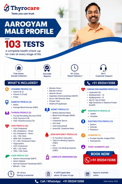 Thyrocare Aarogyam Male package card showing 103 tests, ₹2299 price, and home sample collection
