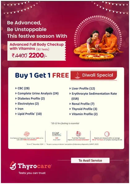 Thyrocare Advanced Full Body Checkup with Vitamins package card showing 92 tests, ₹2200 price (₹1100 per person for 2+) for 2 people, and home sample collection
