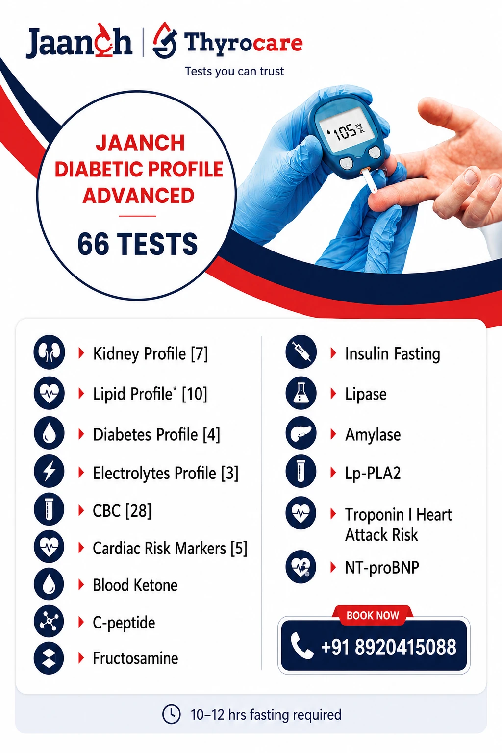 Jaanch Diabetic Profile Advanced Thyrocare package image showing 66 tests, ₹ 3849 price, 10-12 Hours fasting, and home sample collection details