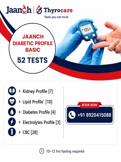 Jaanch Diabetic Profile Basic Thyrocare package card showing 52 tests, ₹1999 price, fasting requirement, and home sample collection
