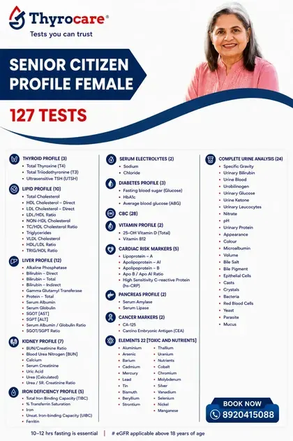 Senior Citizen Profile Female Thyrocare package image showing 127 tests, ₹ 2399 price, 10-12 Hours fasting, and home sample collection details
