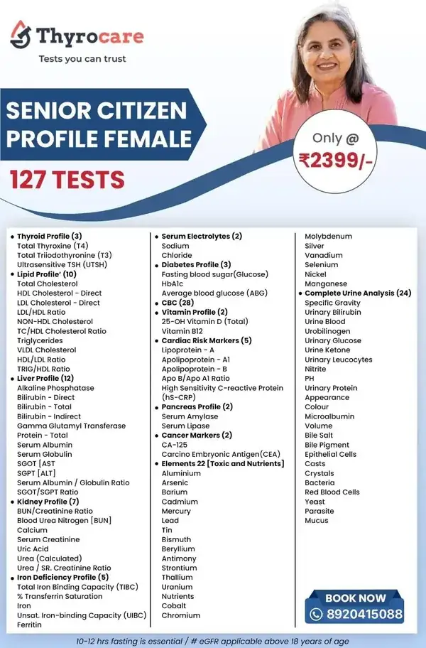 Senior Citizen Profile Female Thyrocare package image showing 127 tests, ₹ 2399 price, 10-12 Hours fasting, and home sample collection details