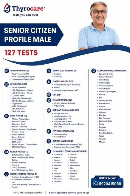 Senior Citizen Profile Male Thyrocare package image showing 127 tests, ₹ 2399 price, 10-12 Hours fasting, and home sample collection details